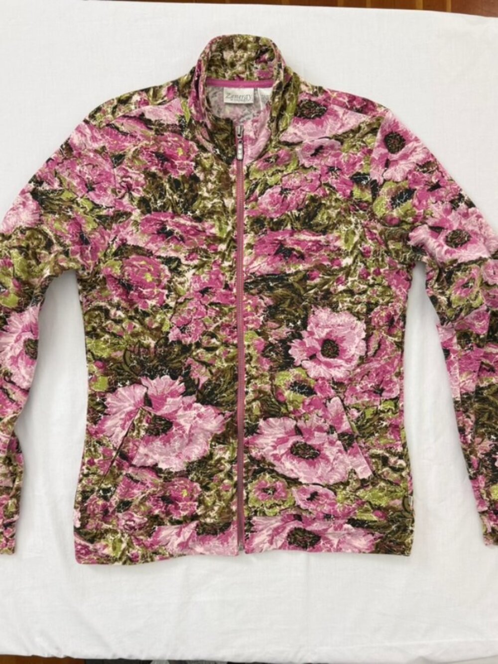 Zenergy By Chico’s Floral Zip Front Jacket Womens 0/Small Rhinestone Zip Stretch - Picture 6 of 15